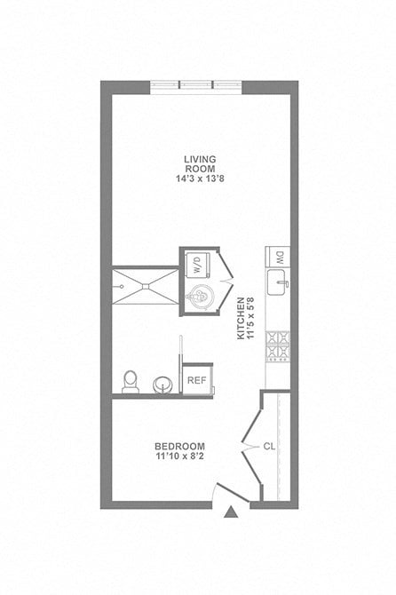 Floor plan for studio, 1 bath, 515 sqft